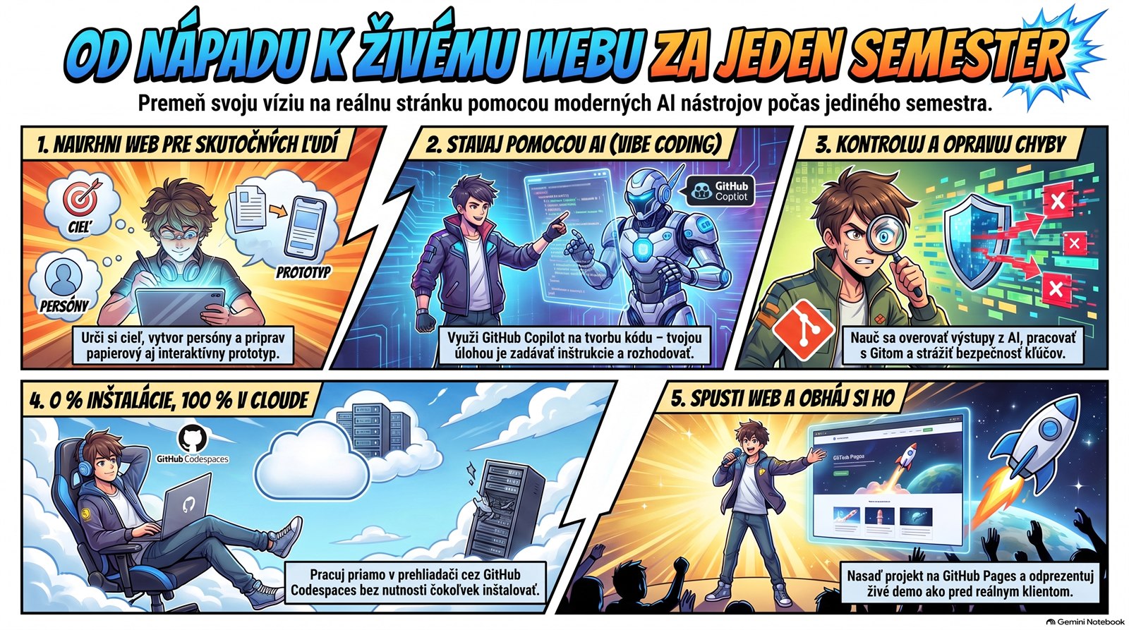 Od nápadu k živému webu za jeden semester — komiks v piatich krokoch: navrhni web pre skutočných ľudí, stavaj pomocou AI, kontroluj a opravuj chyby, pracuj v cloude cez Codespaces, spusti web a obháj si ho